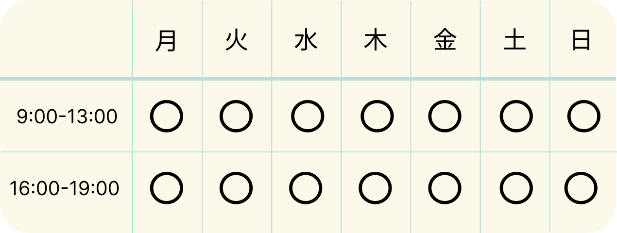 当院の診療時間です。午前は9時から13時、午後は16時から19時まで診察可能です。