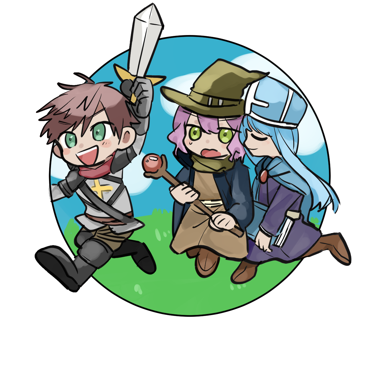 ゲームの中のパーティーと共に冒険をしているイラスト