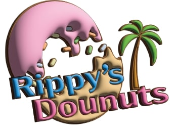 Rippy's Dounutsのロゴ、ドーナツが半分に割れ飛んでいる