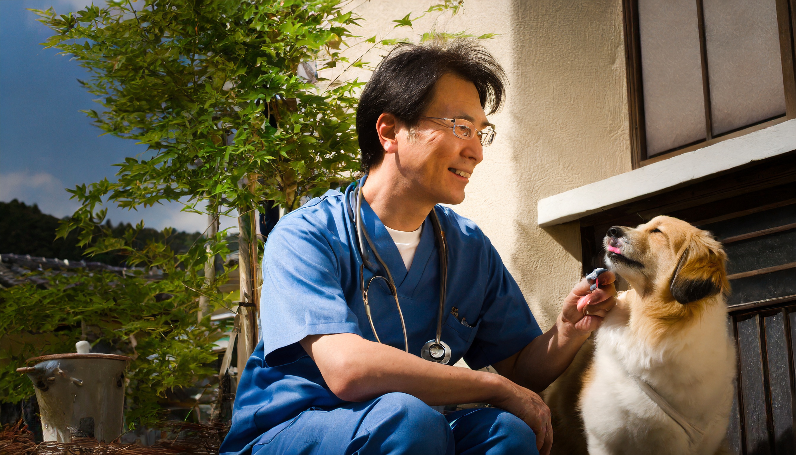 男性獣医師と犬